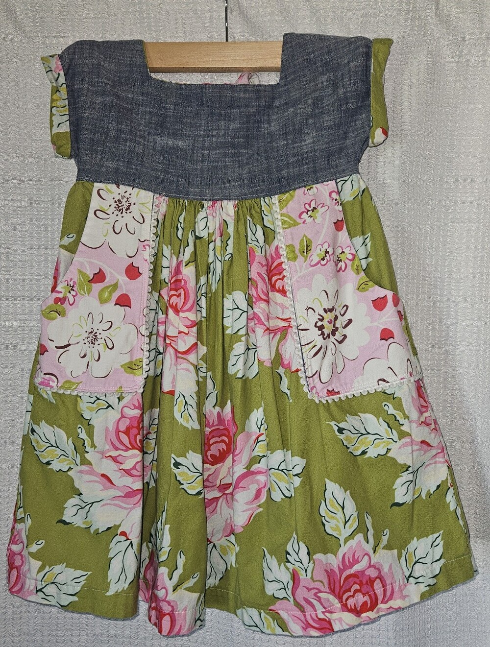 Girls Cotton Dress Beautifully Handmade Chambray with Green And Pink Flowers